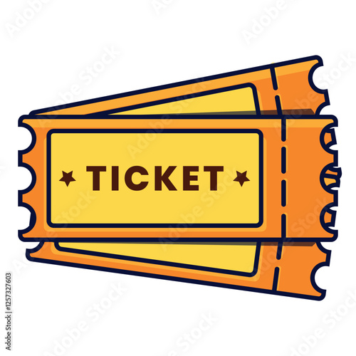 Colorful ticket illustration featuring bright orange and yellow tones with bold outlines and a playful design. Ideal for event promotions, ticketing platforms, entertainment graphics