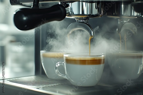 Espresso machine brewing coffee, steamy cafe kitchen