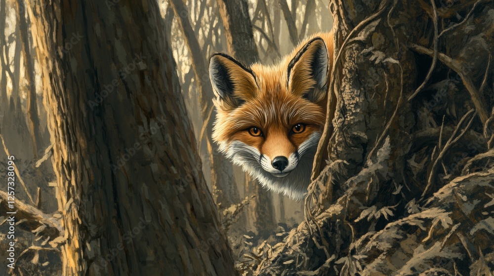Fototapeta premium A fluffy red fox peeking out from behind a tree in a forest setting.