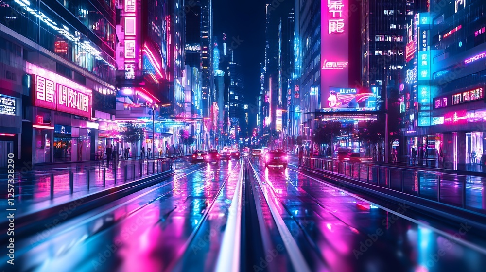 Fototapeta premium Neon Nightscape: Cyberpunk City Street at Night