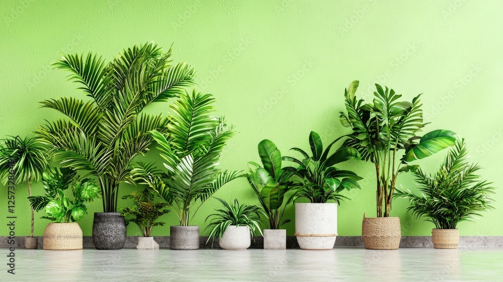 Fototapeta premium Lush green plants in pots against a lime wall, interior design