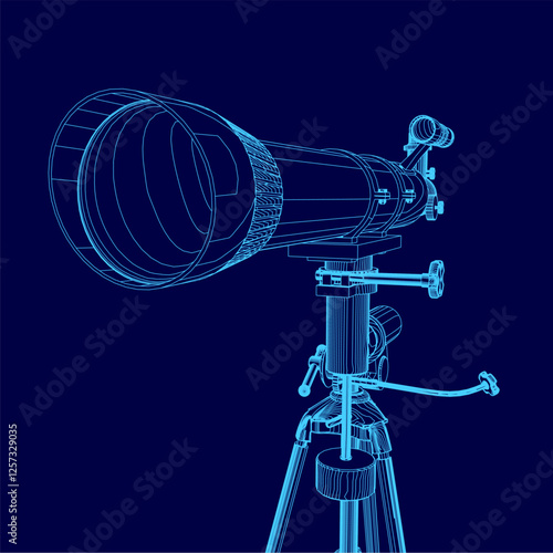 A blue drawing of a telescope with a blue background. The telescope is a large, long tube with a lens at the end. The lens is surrounded by a blue frame