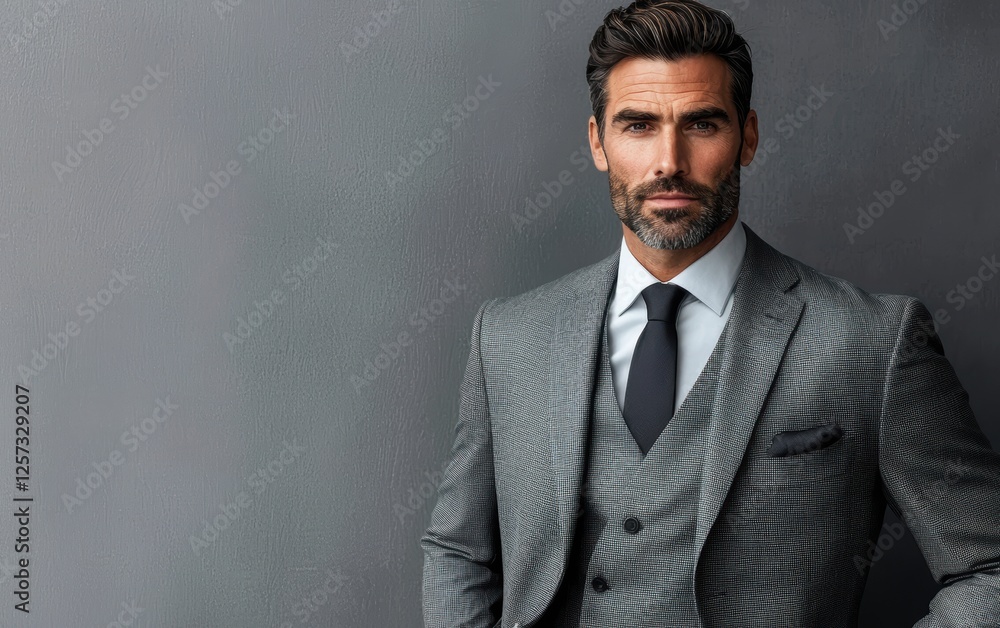 Confident business leader, modern suit, looking directly at the viewer, gray background Confident business leader, modern suit, looking directly at the viewer, gray background
