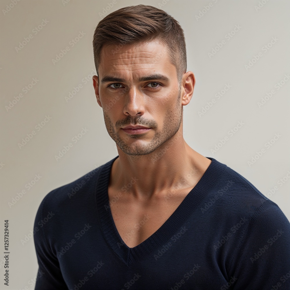 Naklejka premium Close-Up Portrait of a Confident Man in a V-Neck Sweater Against a Neutral Background