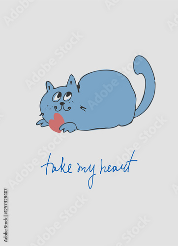 Card with hand drawn cat like a sketch. Vector element for greeting card, social media post. Love, Romance, Valentines Day concept