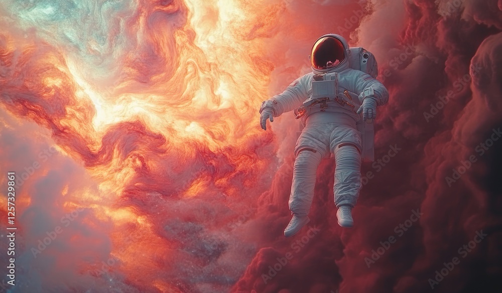 Astronaut floats in vibrant, fiery nebula Astronaut floats in vibrant, fiery nebula