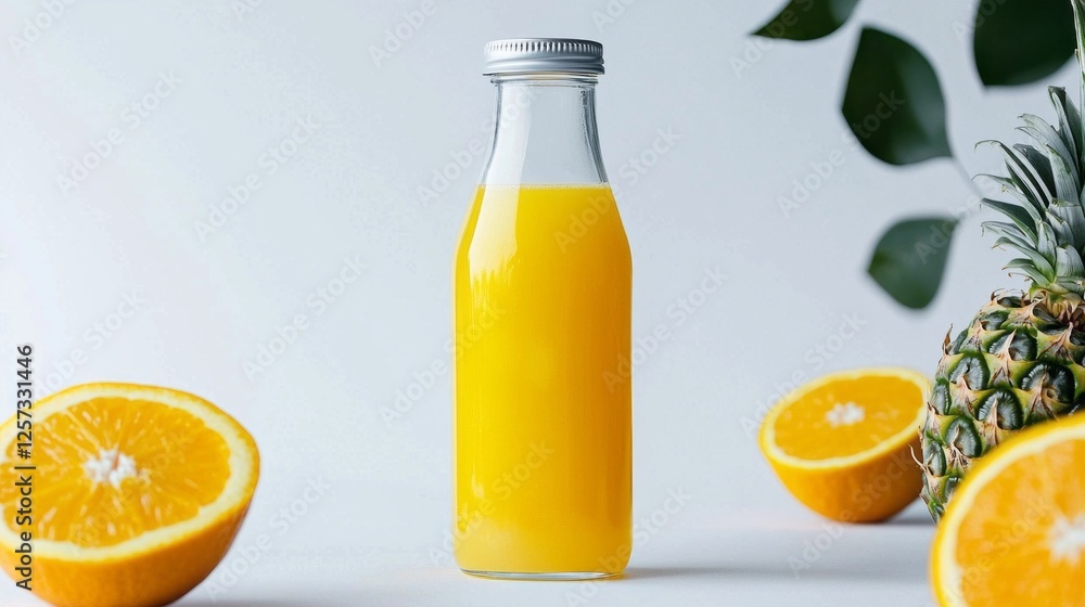 Bright orange juice glows in a clear bottle, surrounded by fresh, halved oranges and a pineapple in a clean, modern atmosphere. Ideal for promoting healthy drinks and summer vibes Bright orange juice glows in a clear bottle, surrounded by fresh, halved oranges and a pineapple in a clean, modern atmosphere. Ideal for promoting healthy drinks and summer vibes