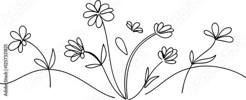 Simple Line Drawing of Delicate Wildflowers Meadow Blooms