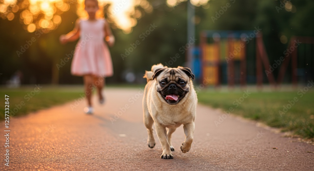 Obraz premium Happy Pug Dog Running in Park at Sunset
