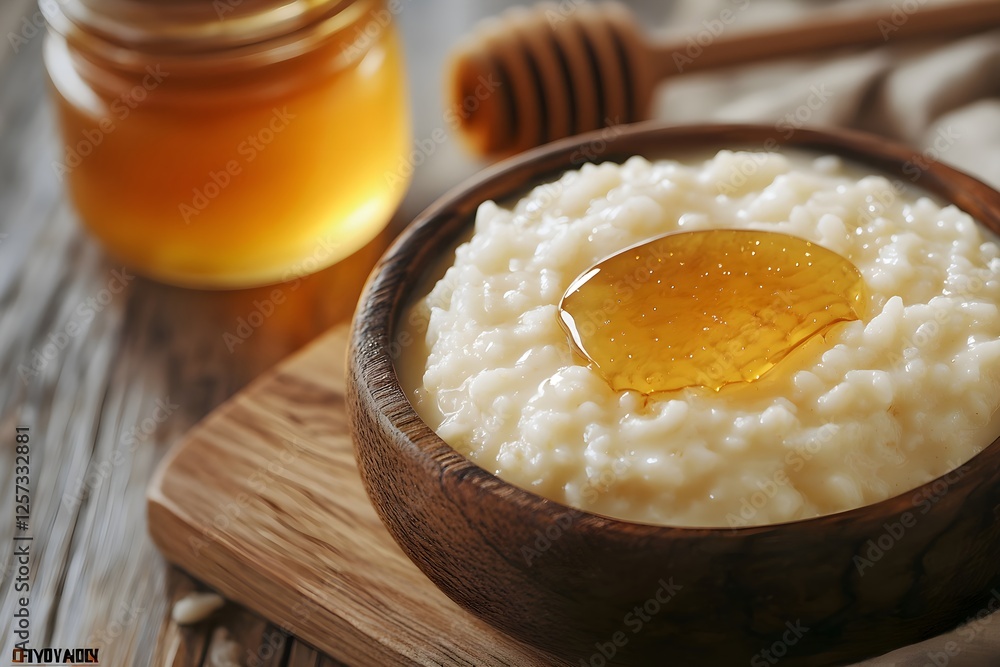 Homemade rice pudding in bowl with honey drizzle on wooden table Homemade rice pudding in bowl with honey drizzle on wooden table