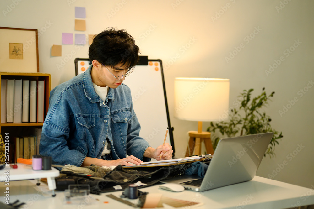 Stylish designer in denim jacket sketching new clothing designs at a modern workspace.
