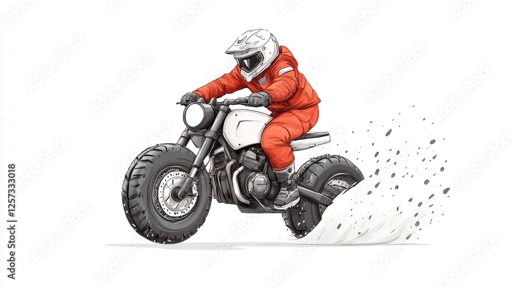 A motorcyclist in an orange jumpsuit performs a stunt on a dirt bike, kicking up dust in a dynamic scene A motorcyclist in an orange jumpsuit performs a stunt on a dirt bike, kicking up dust in a dynamic scene