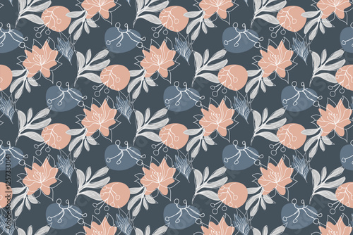 Seamless pattern with delicate line art flowers and abstract shapes in soft blush and blue tones on a dark background. Perfect for wallpaper, textiles