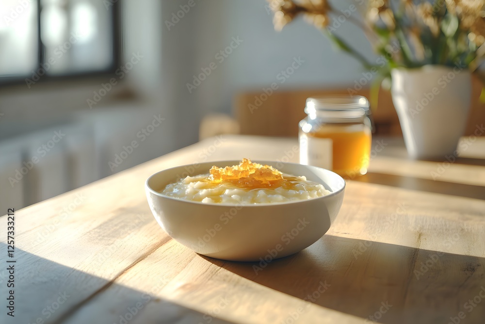 Homemade rice pudding in bowl with honey drizzle on wooden table Homemade rice pudding in bowl with honey drizzle on wooden table
