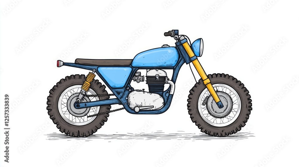 A vibrant blue motorcycle stands on a white background, showcasing its unique design and rugged tires A vibrant blue motorcycle stands on a white background, showcasing its unique design and rugged tires