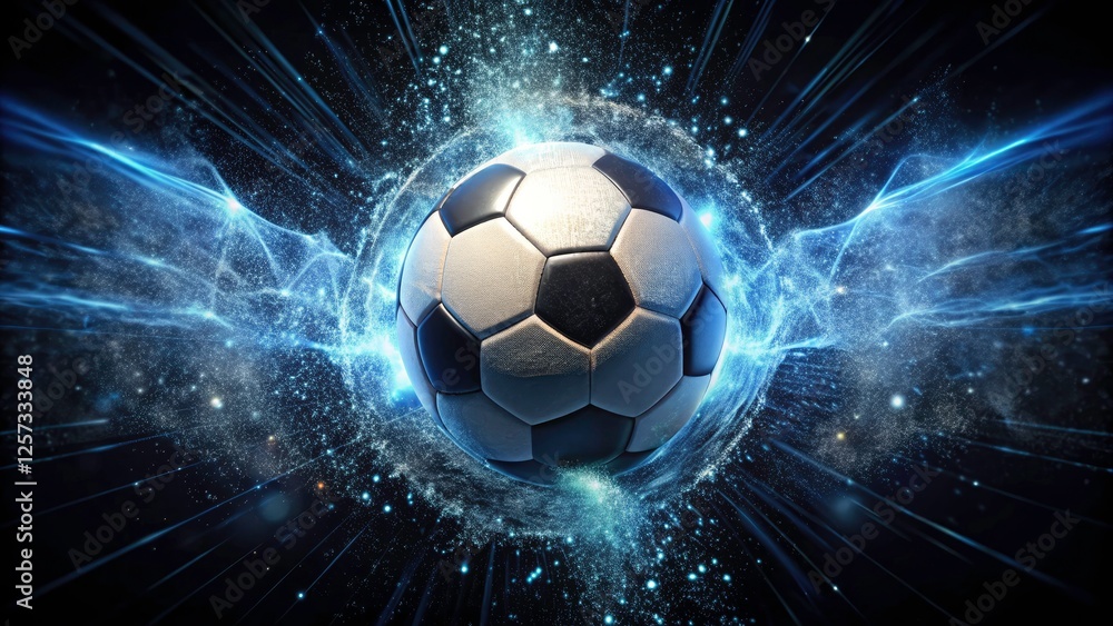 Fototapeta premium Dynamic Soccer Ball Rotation with Particle Effects on Black Background in 4K Resolution for Sports Enthusiasts and Designers