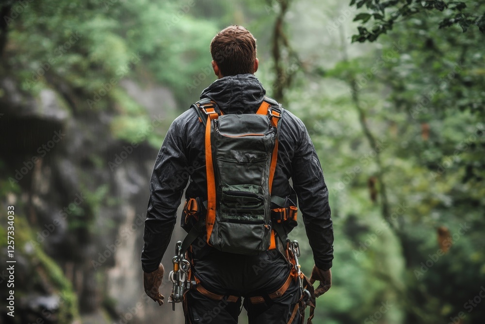 Back view of a hiker with backpack in a lush forest Back view of a hiker with backpack in a lush forest