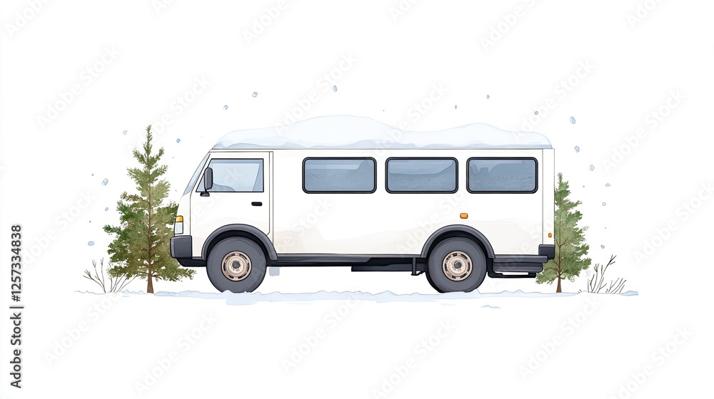Naklejka premium A white van parked in a snowy landscape surrounded by evergreen trees and falling snowflakes