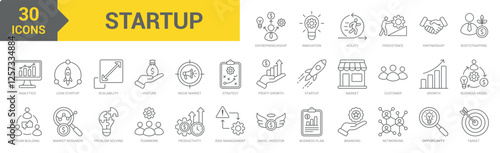 Startup icon collection set. Containing entrepreneurship, profit, growth, innovation, agility, branding, networking, business, plan, partnership, target, opportunity, venture icon. Simple line vector
