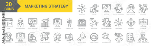 Marketing Strategy icon collection set. Containing marketing, strategy, analytics, networking, advertising, market, trends, research, SEO, report, social media, influencer icon. Simple line vector
