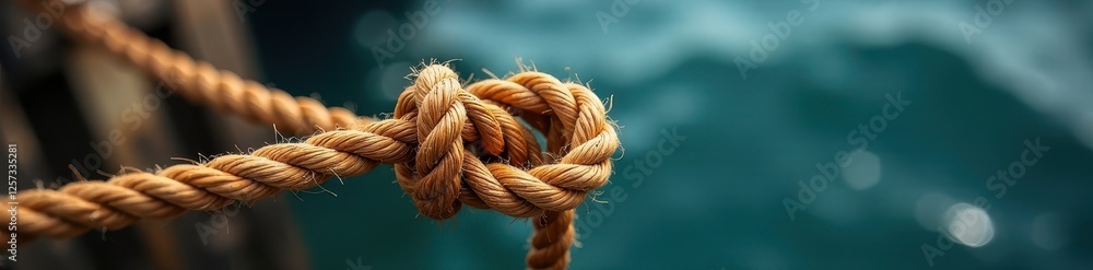 Close-up shot of a single knot in a ship's rope tool, cordage, equipment, ship Close-up shot of a single knot in a ship's rope tool, cordage, equipment, ship