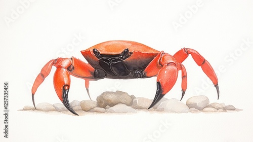 Vibrant red crab poised on a rocky shore, showcasing its claws against a minimalist background photo