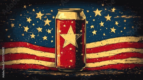 Vintage-style illustration of a soda can with a star on a distressed American flag background