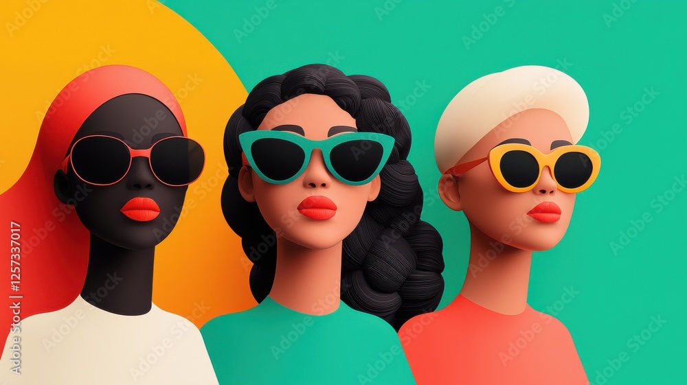 Fototapeta premium Stylish women in sunglasses fashion illustration colorful background digital art creative portraits