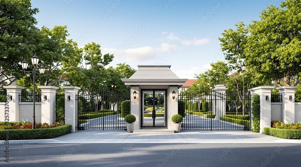 custom made wallpaper toronto digitalElegant gated community entrance with lush greenery and iron gate in a serene residential area