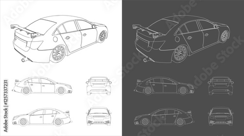 Street Racing Drift Car Technical Line Drawing Blueprint Vector Illustration