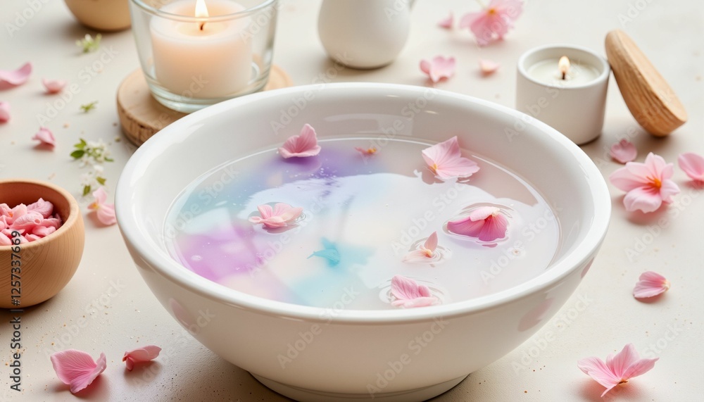 Aromatic water with flower petals in a serene setting Aromatic water with flower petals in a serene setting