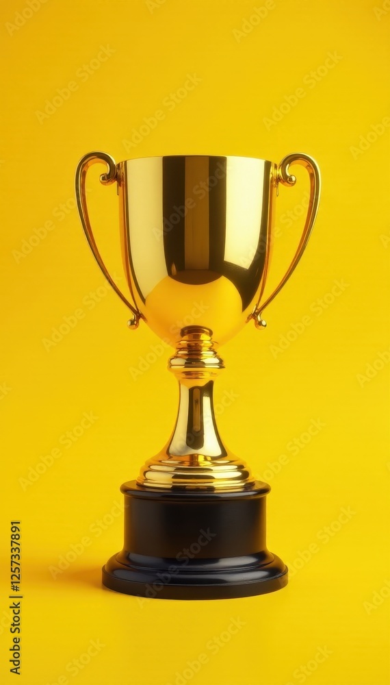 Gleaming golden trophy, vibrant yellow backdrop, object, celebration