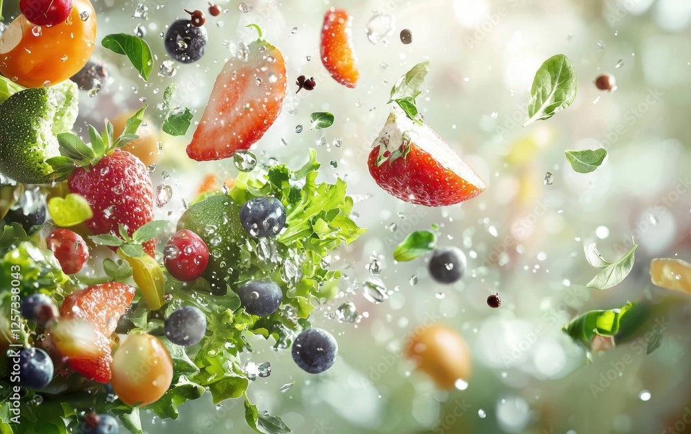 Natural organic food floating in mid-air with a softly blurred background, evoking a fresh and earthy atmosphere. Natural organic food floating in mid-air with a softly blurred background, evoking a fresh and earthy atmosphere.