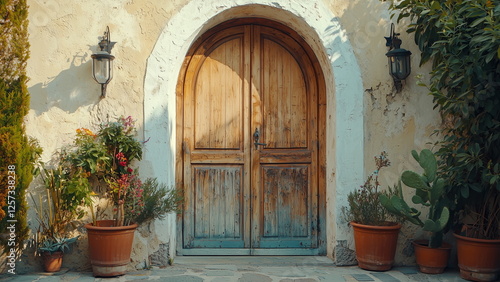 Brown natural wood, arc shape exterior wooden door design, on a white wall, with green plant on both side, natural sunlight and shadow
