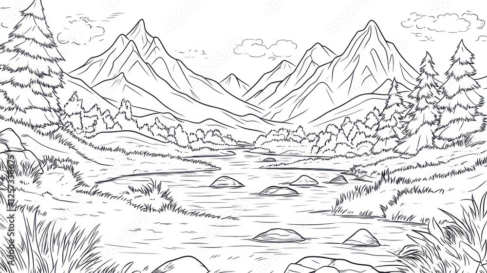 Serene mountain river landscape, coloring page (1) Serene mountain river landscape, coloring page (1)