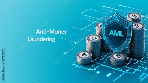 Anti-Money Laundering AML concept. Anti-money laundering concept with digital currency stacks and shield. photo