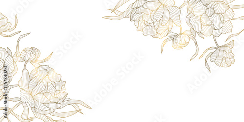 Vector gold floral background, flower line Chinese rose pattern, luxury wedding design, bloom frame. Oriental peony foil on white card, oriental style
