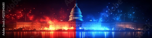 US Capitol with one half red and the other half blue, republicans vs democrats concept advertisement style,.