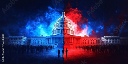 US Capitol with one half red and the other half blue, republicans vs democrats concept advertisement style,.
