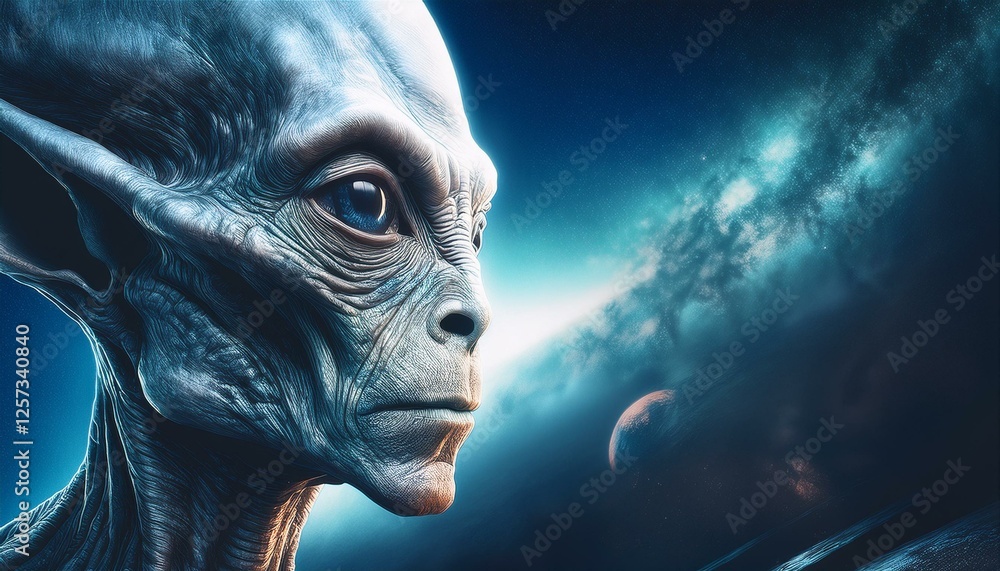 image of a profile single alien race, with close-up of the face showing cosmic space in the background image of a profile single alien race, with close-up of the face showing cosmic space in the background