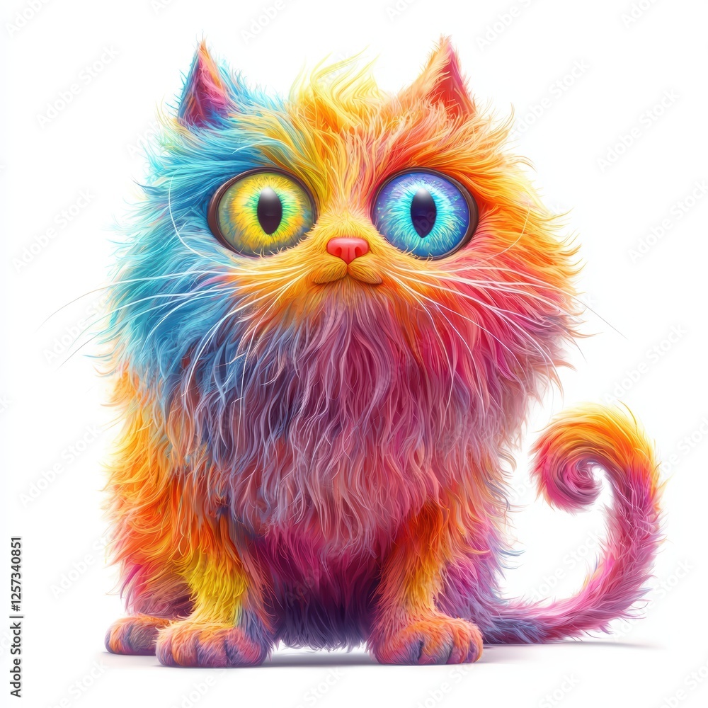 fluffy three-eyed cat with a long swirling tail, vibrant fur colors, isolated on white fluffy three-eyed cat with a long swirling tail, vibrant fur colors, isolated on white