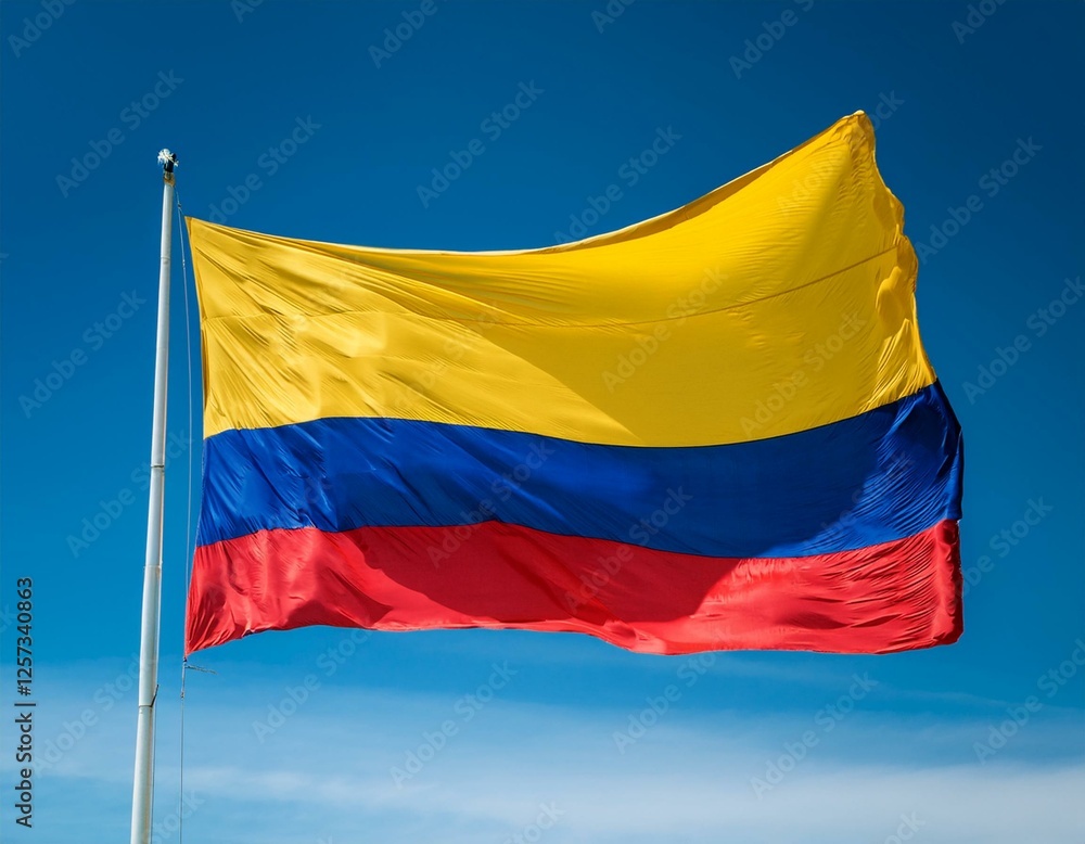 Colombia flag waving in the wind against a blue sky background Colombia flag waving in the wind against a blue sky background