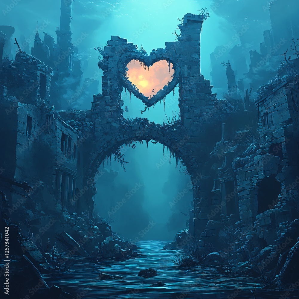 Fototapeta premium A vector illustration of a lost city submerged underwater, where ancient heart-shaped ruins still glow.
