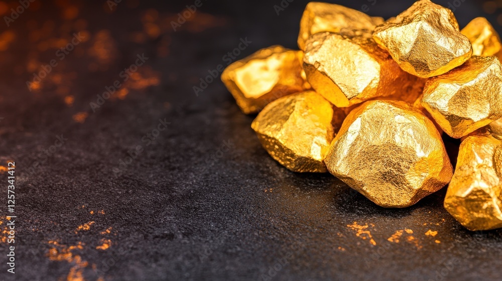 Closeup view of a pile of shimmering golden nuggets arranged on a dark textured background with ample copyspace for text or design elements The rich Closeup view of a pile of shimmering golden nuggets arranged on a dark textured background with ample copyspace for text or design elements The rich