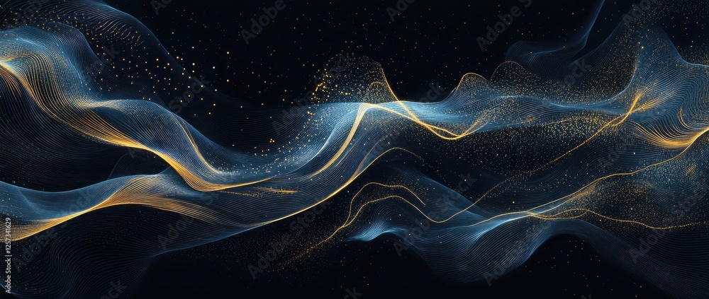 Naklejka premium Abstract dark background with flowing golden blue lines