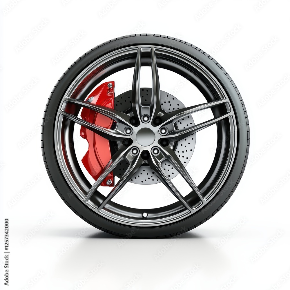 luxury sports car wheel with a red brake caliper, high-gloss reflections, isolated on white luxury sports car wheel with a red brake caliper, high-gloss reflections, isolated on white