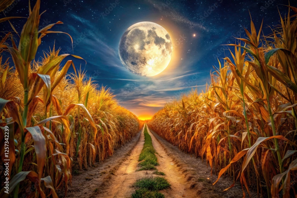 Fototapeta premium Night's embrace: a moonlit cornfield path, stark shadows, and serene beauty captured.