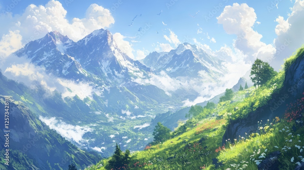 Fototapeta premium A stunning mountain view with rolling hills and a clear blue sky.