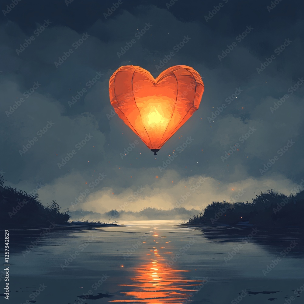 Fototapeta premium A vector illustration of a floating lantern in the shape of a heart, drifting aimlessly through a foggy sky.