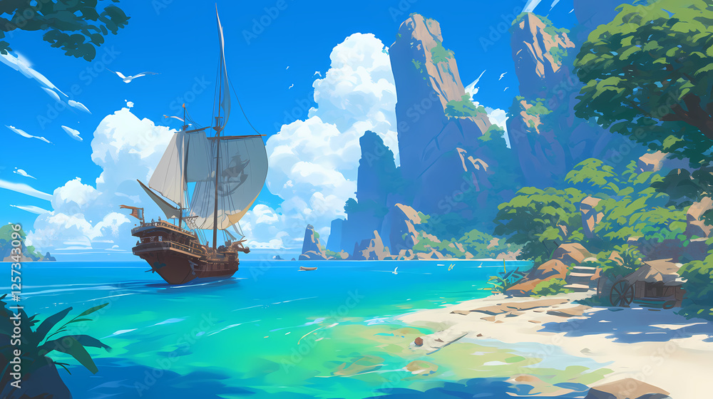 Obraz premium Pirate ship approaches the island